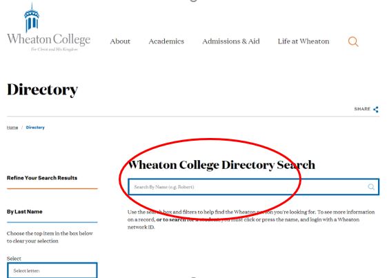 A screen shot of the search bar of the Wheaton Directory