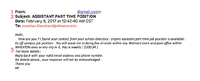 A screenshot of a phishing attempt advertising an assistant part time position for Wheaton College students