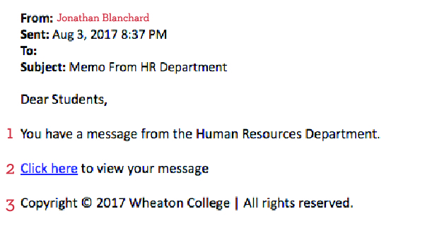 A screenshot of a phishing attempt that appeared to be sent from Wheaton College's Human Resources Department