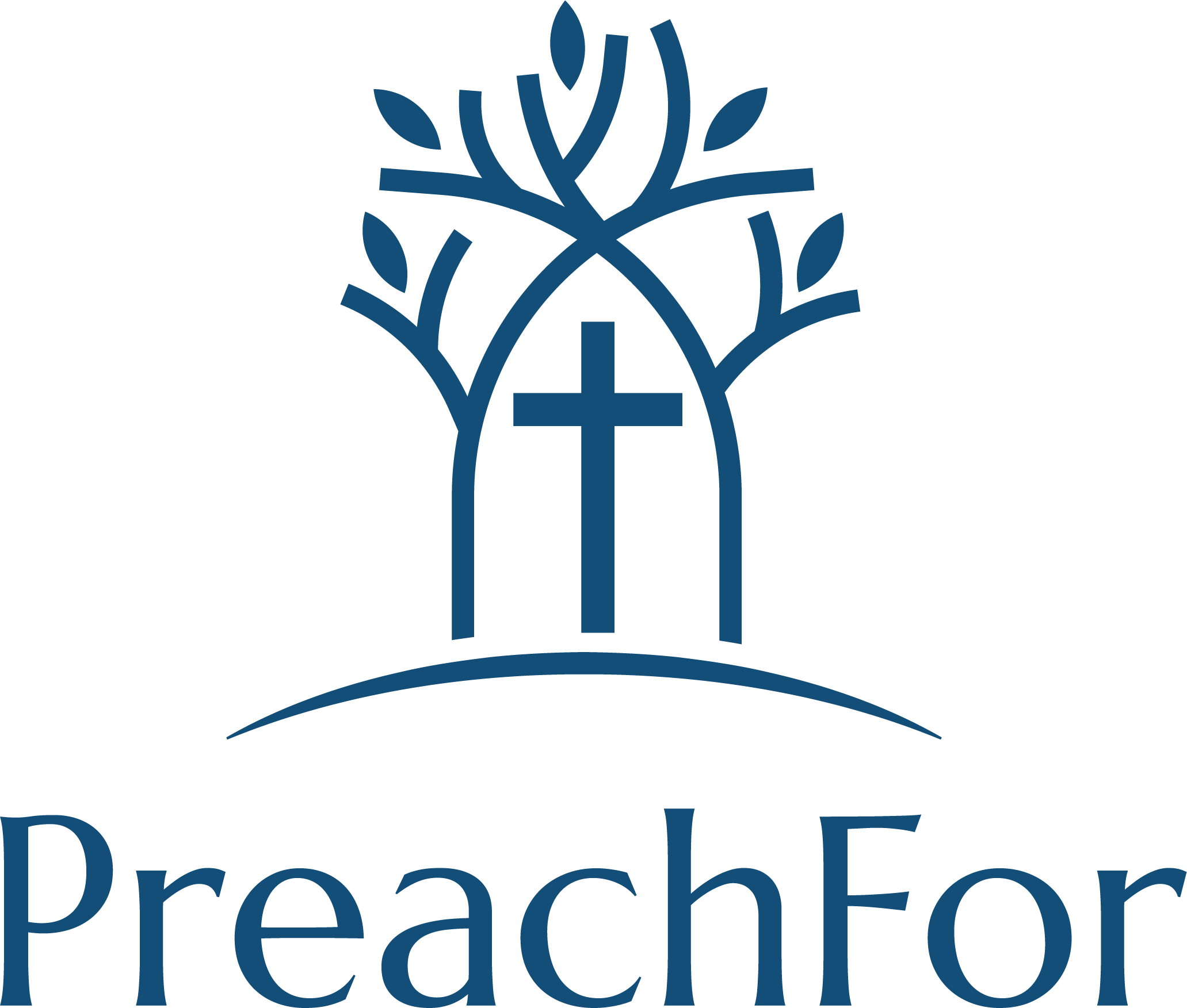 A graphic where a blue cross on a hill is surrounded by blue tree branchestree branches
