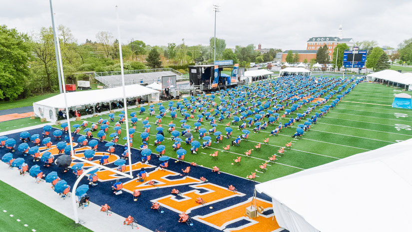 Wheaton College 2021 Undergraduate Commencement aerial shot of McCully Stadium Wheaton College 2021 Undergraduate Commencement aerial shot of McCully Stadium