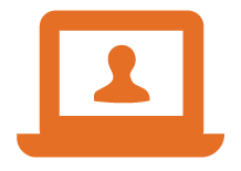 An orange icon of a computer with a person's profile inside