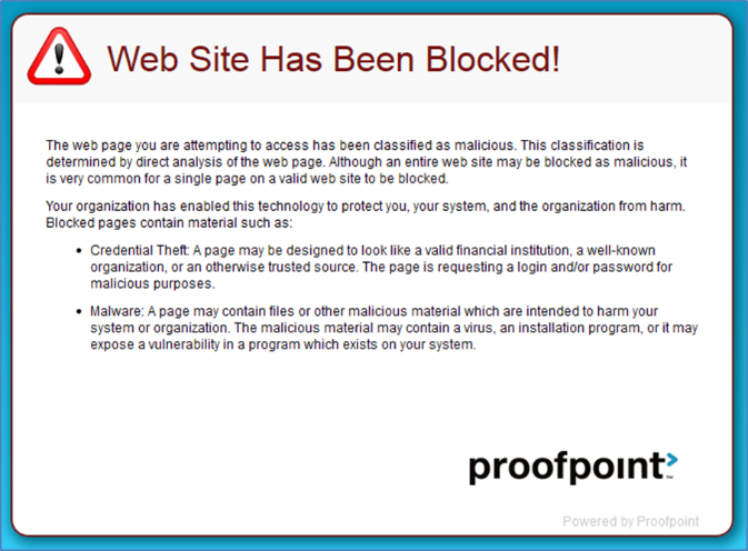 Screenshot of when a website is blocked by Proofpoint