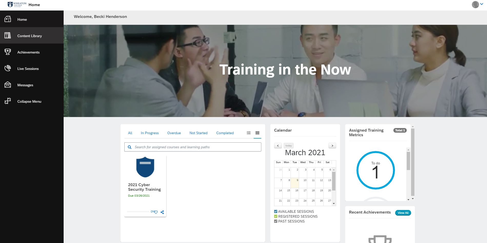 A screenshot of the training welcome page