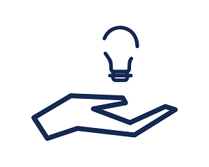 Icon of hand holding a hovering lightbulb, symbolizing academic support