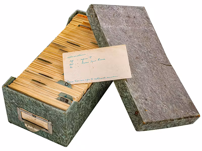 Notecards written by Elisabeth Elliot containing vocabulary from the Waodäni language, ca. 1958. Photo Credit: Museum of the Bible.