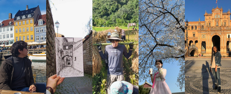 Collage of Semester Programs. From left. DIS student on boat in Copenhagen canal. Street drawing from Gordon in Orvieto student. Student helping on farm in ISDSI in Thailand. CIEE Seoul student in front of cherry blossom tree. CIEE Seville student at the Plaza de María Luisa.