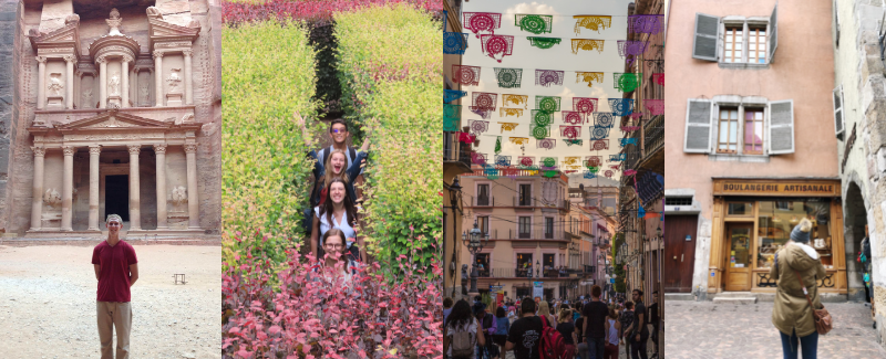 Collage of semester and summer study abroad. From left, Middle East Studies Program student at Petra. Wheaton in England students in a garden. Wheaton in Mexico colorful street scene. IAU Aix-en-Provence study in front of old French bakery.