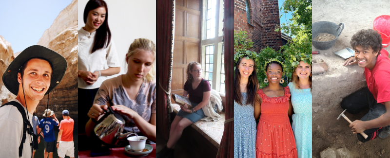 Collage of summer programs. From left, Wheaton in Holy Lands student on hike. Wheaton in China student at tea ceremony. Wheaton in England student reading in window nook. FPE Abroad female students wearing wearing the traditional crown of leaves for Midsummer. Tel Shimron Excavation student at dig site.