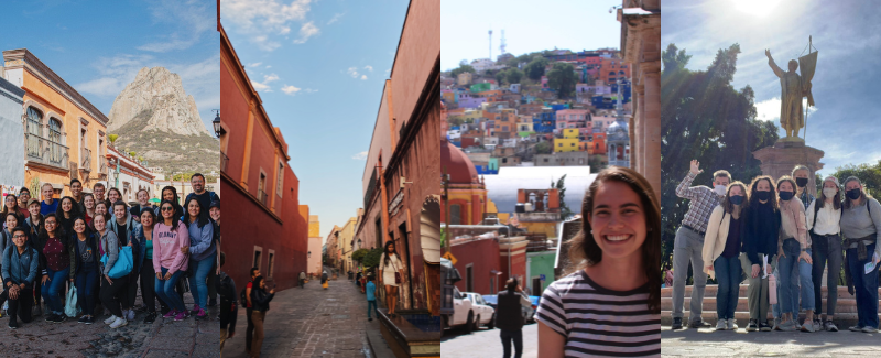 Group photo in front of Pena de Bernal. Street scene in Queretaro. Smiling Wheaton student in front of view of hillside. Wheaton in Mexico students in front of statue.