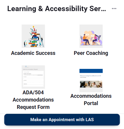 The LAS widget image includes four icons each with it's own title and a navy blue bar at the bottom to request an appt with LAS.