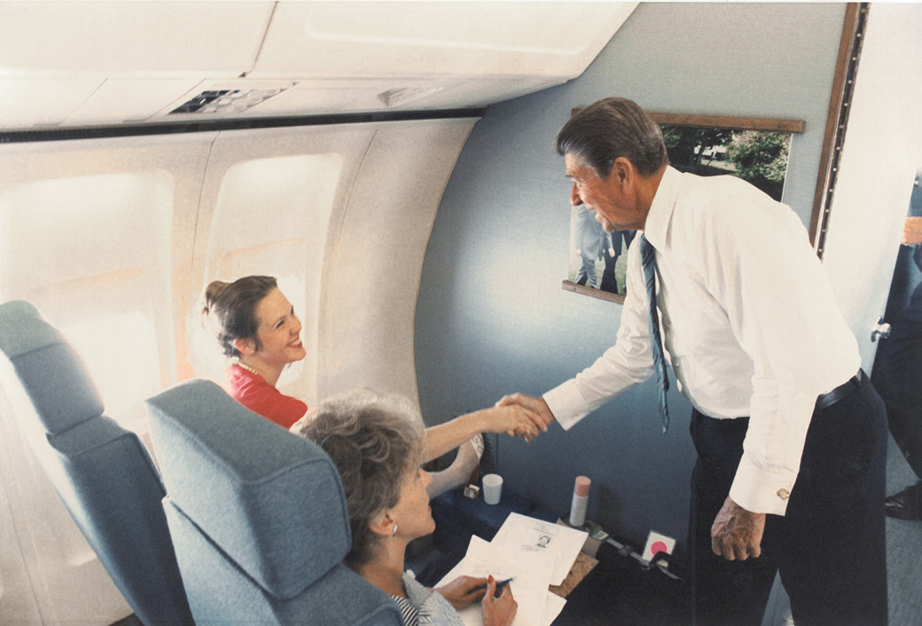 1983, Marilee Melvin aboard Air Force One, greeting President Ronald Reagan