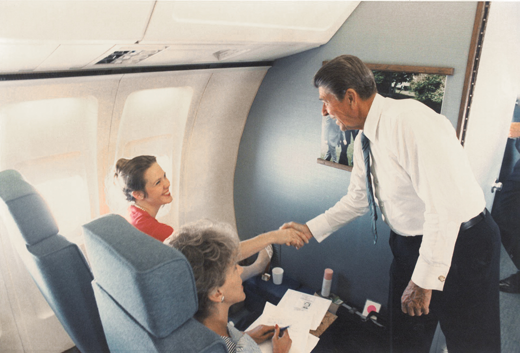 1983, Marilee Melvin aboard Air Force One, greeting President Ronald Reagan