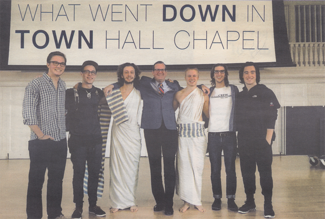 Posing with President Ryken are the six Wheaties who worked together to lower a student from the ceiling of Edman Chapel to illustrate the story of the paralyzed man.