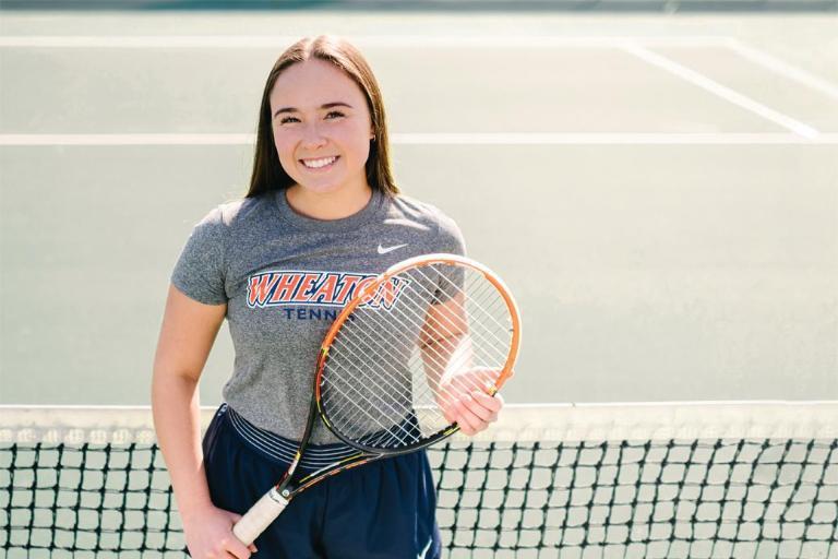 Wheaton College IL athlete Abygale Ahn on the tennis court