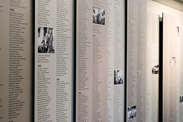 768x512 tan display listing names of missionaries in Blanchard hallway