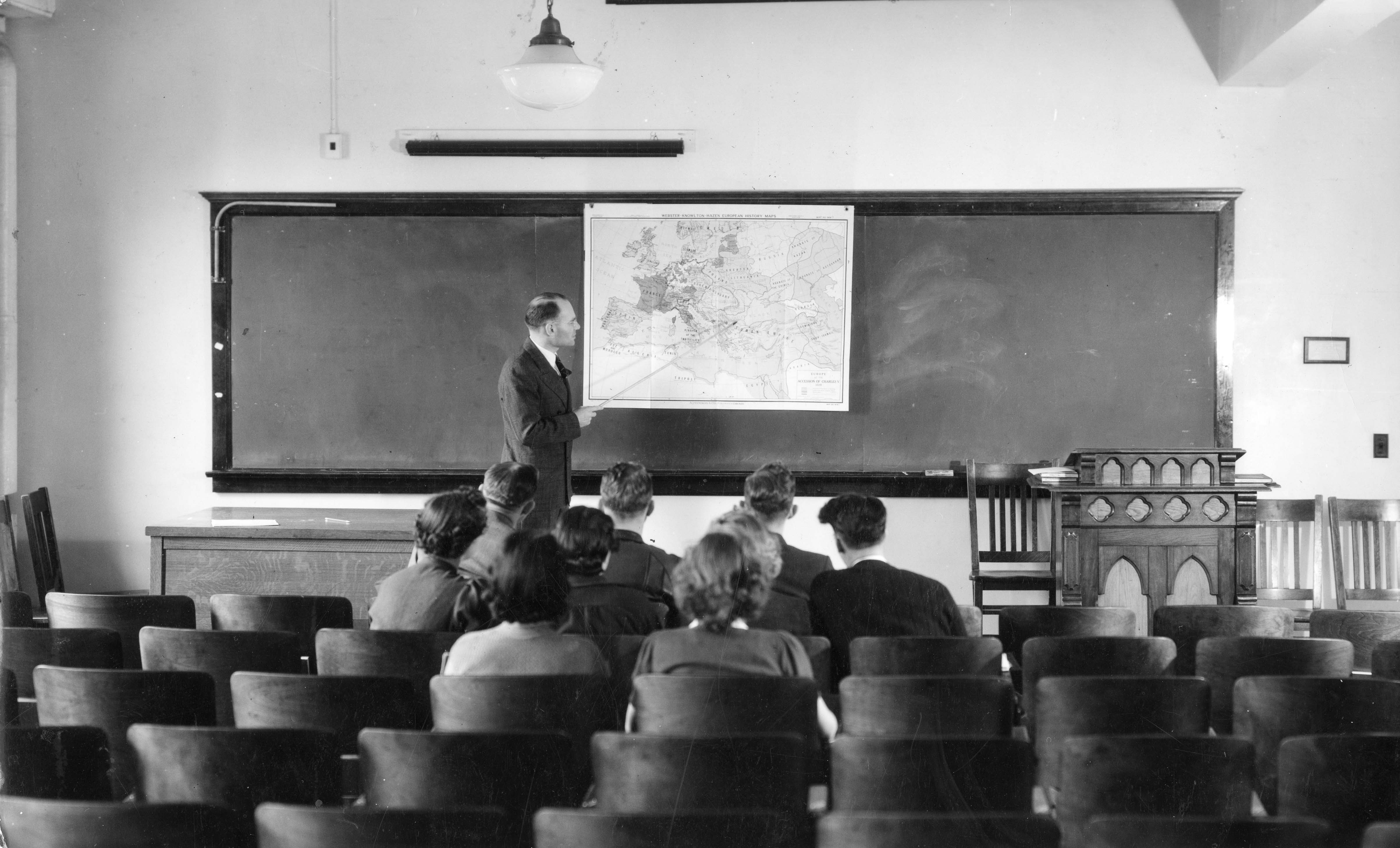 An old Wheaton College classroom with a whiteboard