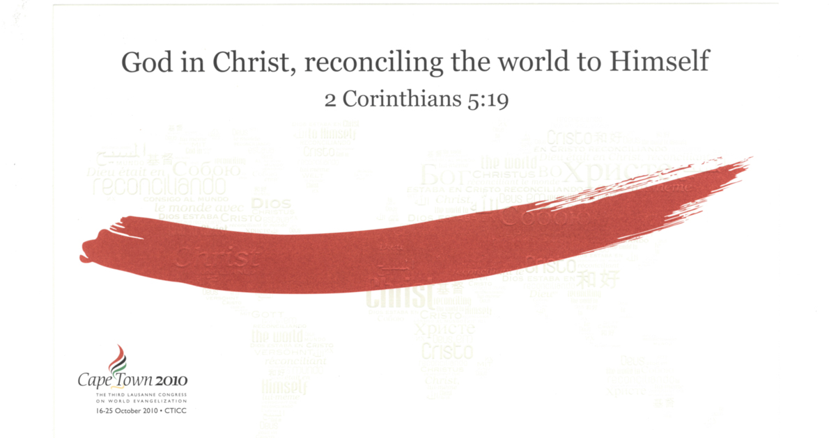 A white poster with the Cape Town logo, 2 Corinthians 5:19, and a large red line on it
