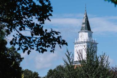 Wheaton College IL Edman Chapel Clock Tower with Blue Skies