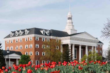 Wheaton College IL Billy Graham Hall in Spring with Tulips