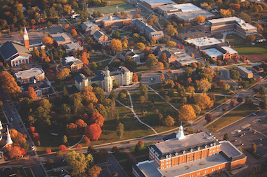 Aerial shot of Wheaton Campus in the fall 